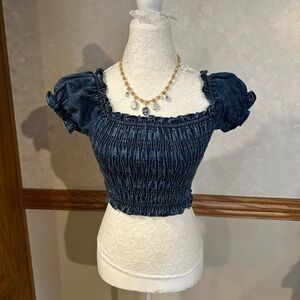 Junior Denim Blue Smocked Crop Top with Puff Sleeves size Small